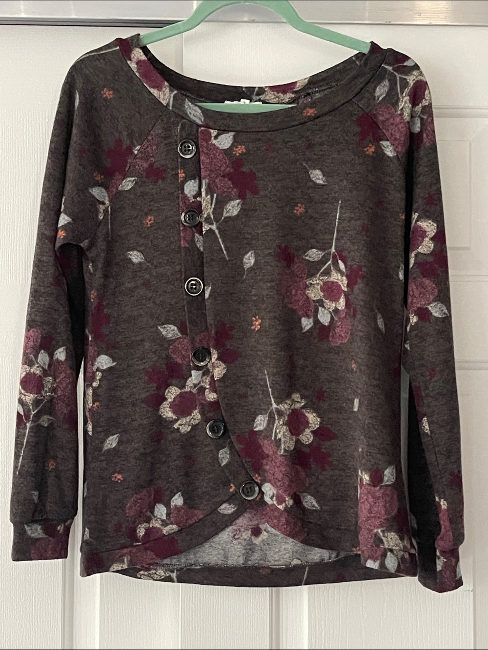 Black Long-Sleeve Floral Raglan Tee with Pink Rose Print